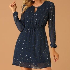 Allegra K Women's Navy Long Sleeve Dress with Gold Stars